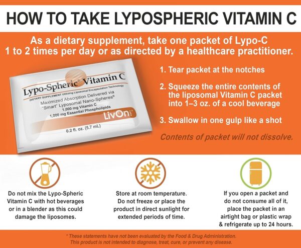 LivOn Laboratories Lypo–Spheric Vitamin C – 6 Cartons (180 Packets) – 1,000 mg Vitamin C & 1,000 mg Essential Phospholipids Per Packet – Liposome Encapsulated for Improved Absorption – 100% Non–GMO