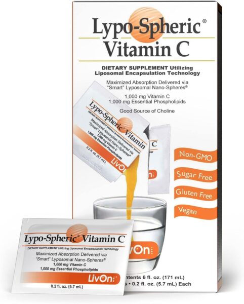 LivOn Laboratories Lypo–Spheric Vitamin C – 6 Cartons (180 Packets) – 1,000 mg Vitamin C & 1,000 mg Essential Phospholipids Per Packet – Liposome Encapsulated for Improved Absorption – 100% Non–GMO