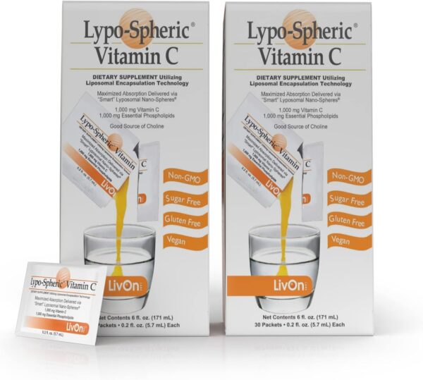 LivOn Laboratories Lypo–Spheric Vitamin C – 6 Cartons (180 Packets) – 1,000 mg Vitamin C & 1,000 mg Essential Phospholipids Per Packet – Liposome Encapsulated for Improved Absorption – 100% Non–GMO