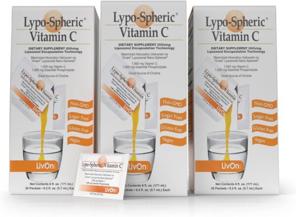 LivOn Laboratories Lypo–Spheric Vitamin C – 6 Cartons (180 Packets) – 1,000 mg Vitamin C & 1,000 mg Essential Phospholipids Per Packet – Liposome Encapsulated for Improved Absorption – 100% Non–GMO