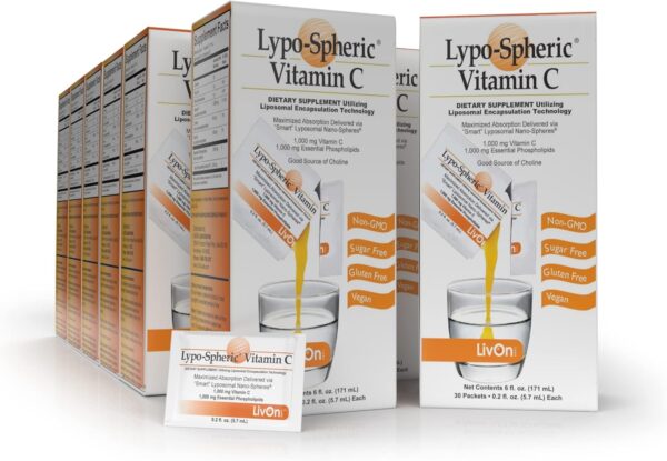 LivOn Laboratories Lypo–Spheric Vitamin C – 6 Cartons (180 Packets) – 1,000 mg Vitamin C & 1,000 mg Essential Phospholipids Per Packet – Liposome Encapsulated for Improved Absorption – 100% Non–GMO