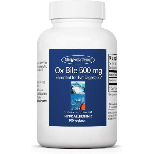 Allergy Research Group Ox Bile 500mg – Digestive Enzymes for Liver, Ox Bile Supplements with Digestive Enzymes, Gallbladder Supplements, Fat Digestion Support, Hypoallergenic – 100 Count