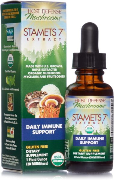 Host Defense Stamets 7 Extract – 7 Species Blend – Mushroom Supplement for Immune Support with Royal Sun Blazei, Cordyceps, Reishi, Maitake, Lion’s Mane, Chaga & Mesima – 2 fl oz (60 Servings)*