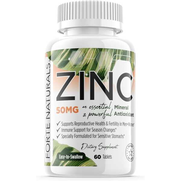 60 Zinc Supplements Specially Formulated for Sensitive Stomachs, Vitamins for Adults Daily Supplement Vegan 50mg, Non GMO, Easy to Swallow Zink Vitaminas