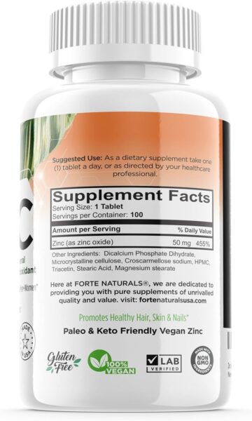 60 Zinc Supplements Specially Formulated for Sensitive Stomachs, Vitamins for Adults Daily Supplement Vegan 50mg, Non GMO, Easy to Swallow Zink Vitaminas