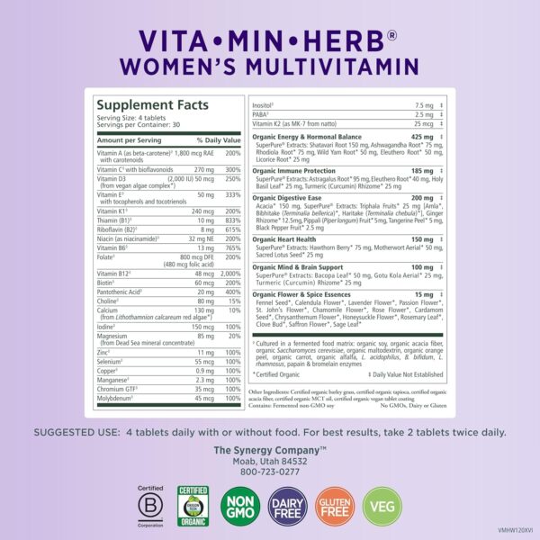 PURE SYNERGY Vita·Min·Herb for Women | Women’s Comprehensive Multivitamin Supplement | Made with Organic Whole Food Non-GMO & Vegan Ingredients | Supports Energy & Immune Health (120 Tablets)