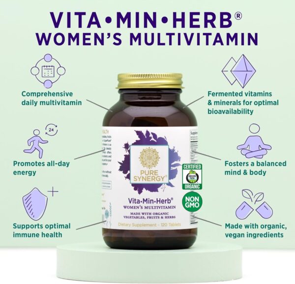 PURE SYNERGY Vita·Min·Herb for Women | Women’s Comprehensive Multivitamin Supplement | Made with Organic Whole Food Non-GMO & Vegan Ingredients | Supports Energy & Immune Health (120 Tablets)