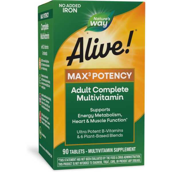 Nature’s Way Alive! Max3 Potency Adult Complete Multivitamin, High Potency B-Vitamins to Support Energy Metabolism*, with Methylated B12 and Folate, No Added Iron, 90 Tablets (Packaging May Vary)