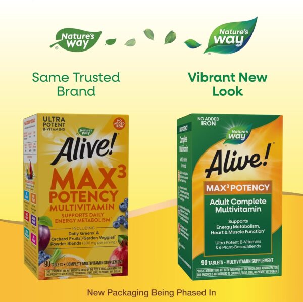 Nature’s Way Alive! Max3 Potency Adult Complete Multivitamin, High Potency B-Vitamins to Support Energy Metabolism*, with Methylated B12 and Folate, No Added Iron, 90 Tablets (Packaging May Vary)