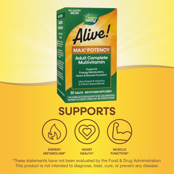 Nature’s Way Alive! Max3 Potency Adult Complete Multivitamin, High Potency B-Vitamins to Support Energy Metabolism*, with Methylated B12 and Folate, No Added Iron, 90 Tablets (Packaging May Vary)