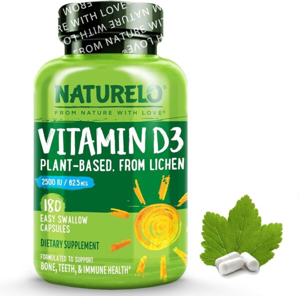 NATURELO Vitamin D3 – Lichen-Powered Immune Boost, with 2500 IU for Bone Health – Whole Food Formula – Vegan Gluten-Free – 180 Mini Capsules (2 Pack)