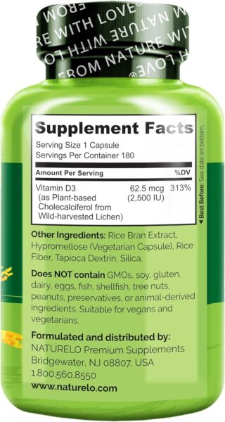 NATURELO Vitamin D3 – Lichen-Powered Immune Boost, with 2500 IU for Bone Health – Whole Food Formula – Vegan Gluten-Free – 180 Mini Capsules (2 Pack)