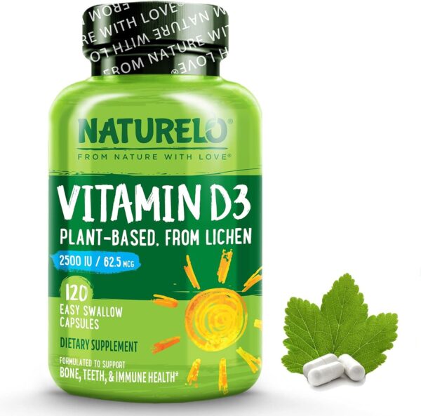 NATURELO Vitamin D3 – Lichen-Powered Immune Boost, with 2500 IU for Bone Health – Whole Food Formula – Vegan Gluten-Free – 180 Mini Capsules (2 Pack)