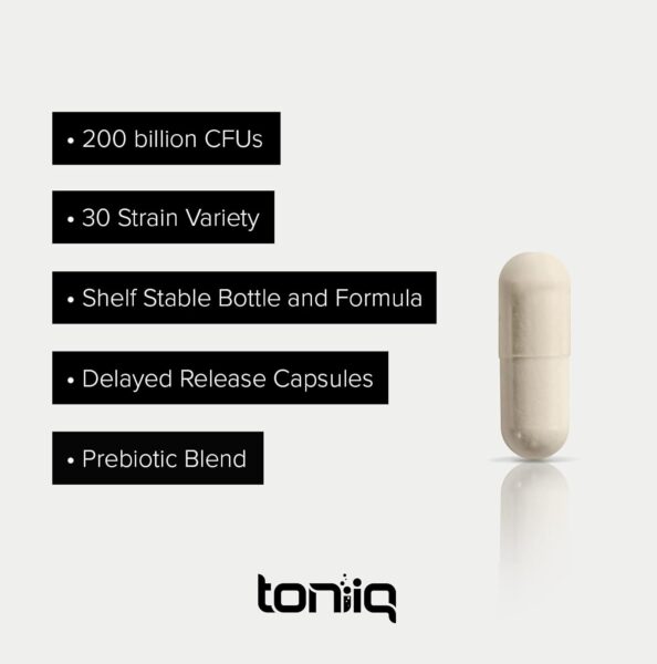 Toniiq 200 Billion CFU Probiotic Supplement 30 Verified Third-Party Tested Strains – Fully Shelf-Stable Probiotics Formula with Prebiotic Blend – Extended Release Capsules