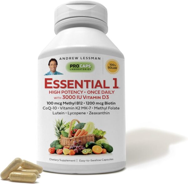 ANDREW LESSMAN Essential-1 Multivitamin 1000 IU Vitamin D3 30 Small Capsules – 100 mcg Methyl B12. CoQ10 Lutein Lycopene Zeaxanthin. High Potency. No Additives. Gentle Ultra-Mild. One Daily Capsule