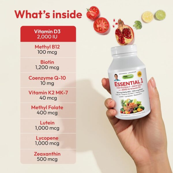 ANDREW LESSMAN Essential-1 Multivitamin 1000 IU Vitamin D3 30 Small Capsules – 100 mcg Methyl B12. CoQ10 Lutein Lycopene Zeaxanthin. High Potency. No Additives. Gentle Ultra-Mild. One Daily Capsule