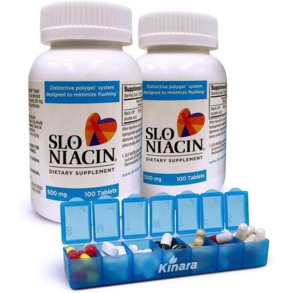 Slo Niacin 500mg Flush Free 100 Capsules/Tablets 2-PACK WITH Kinara Pill Box 201 Piece Set