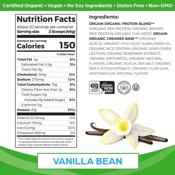 Orgain Organic Vegan & Organic Protein + Superfoods Powders, Vanilla Bean Flavors – Plant Based Protein, Gluten Free
