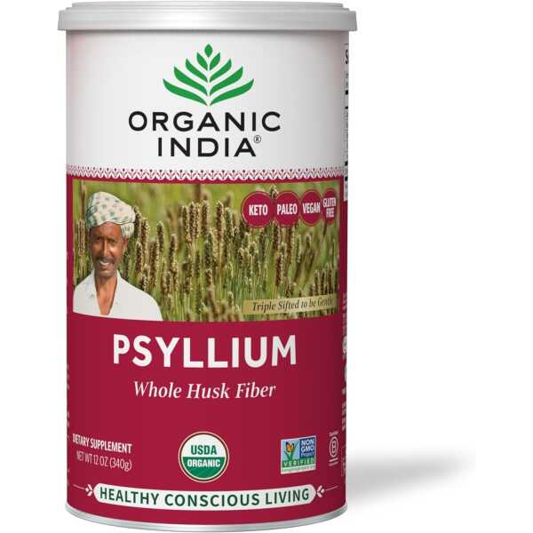 Organic India Psyllium Herbal Powder – Whole Husk Fiber, Healthy Elimination, Keto Friendly, Vegan, Gluten-Free, USDA Certified Organic, Non-GMO, Soluble & Insoluble Fiber Source – 12 oz Canister