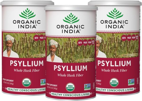 Organic India Psyllium Herbal Powder – Whole Husk Fiber, Healthy Elimination, Keto Friendly, Vegan, Gluten-Free, USDA Certified Organic, Non-GMO, Soluble & Insoluble Fiber Source – 12 oz Canister