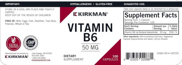 Kirkman Vitamin B-6 50 mg – Hypoallergenic || 100 Vegetarian Capsules || Gluten/Casein Free || Tested for More Than 950 Environmental contaminants.