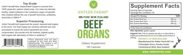 Antler Farms – 100% Pure New Zealand Beef Organs – Heart, Liver, Kidney, 180 Capsules, 400mg – Grass Fed, Cold Processed Supplement, Pure and Clean rBGH Free, No Fillers or Additives