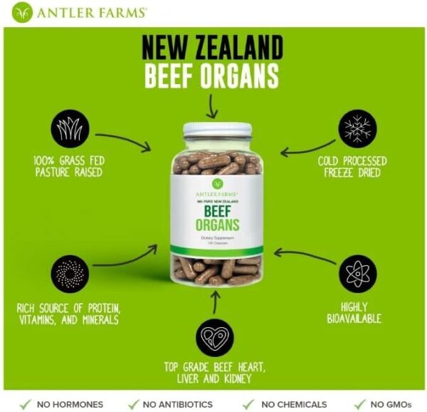 Antler Farms – 100% Pure New Zealand Beef Organs – Heart, Liver, Kidney, 180 Capsules, 400mg – Grass Fed, Cold Processed Supplement, Pure and Clean rBGH Free, No Fillers or Additives