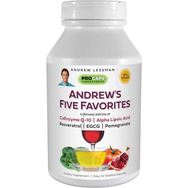 ANDREW LESSMAN Andrew’s Five Favorites 30 Capsules – Provides 200mg Each of Coenzyme Q-10, Resveratrol, EGCG, Pomegranate and Alpha Lipoic Acid, Powerful Anti-Oxidant Support, No Additives