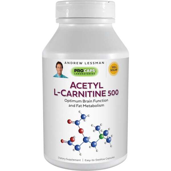 ANDREW LESSMAN Acetyl L-Carnitine 500 mg – 60 Capsules – Support for Nervous System, Fat and Energy Metabolism, Healthy Brain Function and Healthy Blood Flow to The Brain. Easy-to-Swallow Capsules.