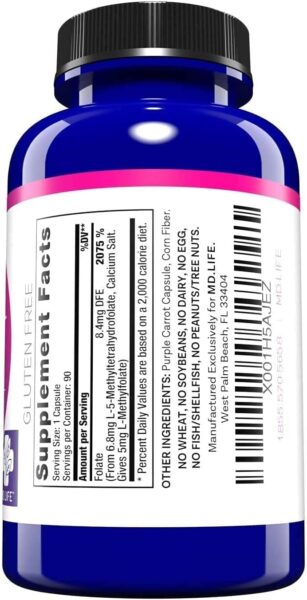 MD Life L-Methylfolate 5mg – Professional-Grade Active Methylfolate Supplement – Maximum Potency MTHFR Supplements – L methylfolate 5mg 90 Capsules – Essential Amino Acids