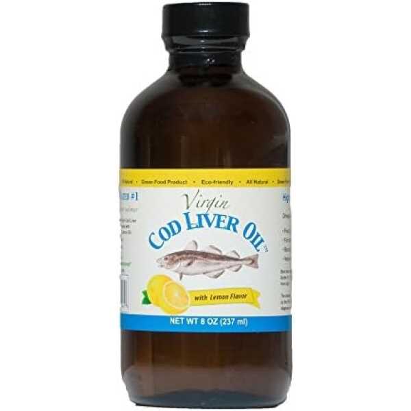 Virgin Cod Liver Oil – 8 Fl oz Natural, Wild Caught & Fresh Tasting,.High in Vitamin D, Omega 3 DHA/EPA (Lemon Flavored)