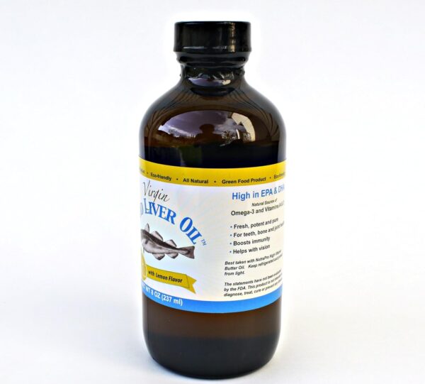 Virgin Cod Liver Oil – 8 Fl oz Natural, Wild Caught & Fresh Tasting,.High in Vitamin D, Omega 3 DHA/EPA (Lemon Flavored)