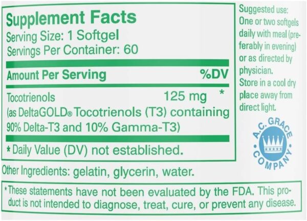 UNIQUE E A.C. Grace Company, Tocotrienols – Tocopherol Free Softgels, 60 Count