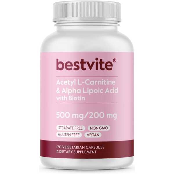 BESTVITE Acetyl L-Carnitine 500mg & Alpha Lipoic Acid 200mg per Capsule with Biotin (120 Vegetarian Capsules) – No Stearates – Vegan – Non GMO – Gluten Free