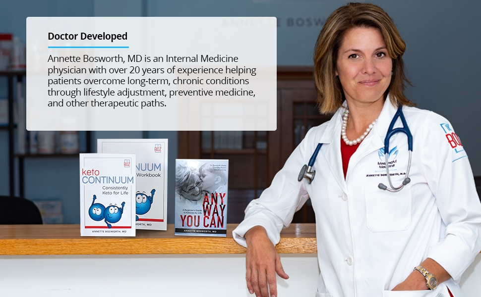 Annette Bosworth MD a doctor with a lab coat next to books and confidently looking forward