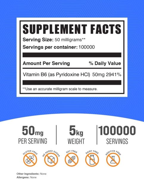 BulkSupplements.com Pyridoxine HCl Powder – Vitamin B6 Supplement, Vitamin B6 50mg – for Immune Support, Gluten Free, 50mg of Pyridoxine B6 per Serving, 500g (1.1 lbs) (Pack of 1)