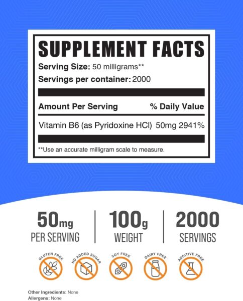 BulkSupplements.com Pyridoxine HCl Powder – Vitamin B6 Supplement, Vitamin B6 50mg – for Immune Support, Gluten Free, 50mg of Pyridoxine B6 per Serving, 500g (1.1 lbs) (Pack of 1)