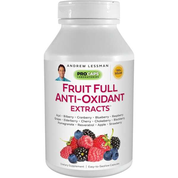 ANDREW LESSMAN Fruit Full Anti-Oxidant Extracts 30 Capsules – 14 Natural Fruit and Berry Extracts. Bilberry, Cranberry, Grape Seed, Pomegranate, Resveratrol, and More. Easy to Swallow Capsules