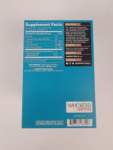 BUBS Naturals MCT Oil Powder – Medium Chain Triglycerides – Keto Vegan & Paleo Friendly – Healthy Coconut Fats + Low Carb – Dairy-Free Energy Source – Perfect for Coffee, Protein Shakes & Baked Goods