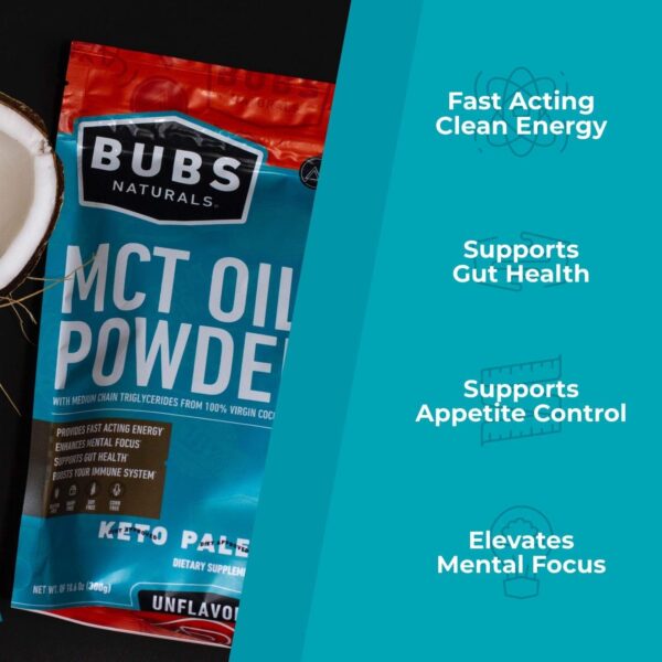 BUBS Naturals MCT Oil Powder – Medium Chain Triglycerides – Keto Vegan & Paleo Friendly – Healthy Coconut Fats + Low Carb – Dairy-Free Energy Source – Perfect for Coffee, Protein Shakes & Baked Goods