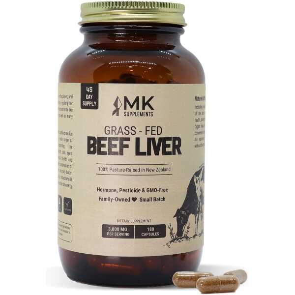 MK Supplements – Grass Fed Beef Liver 3000 mg, Freeze-Dried Beef Liver Capsules, 100% Pasture-Raised in New Zealand, 180 Liver Capsules, 45-Day Supply