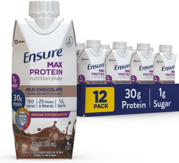 Ensure Plus Nutrition Shake With Fiber & Ensure Max Protein Nutrition Shake with 30g of Protein, 1g of Sugar, High Protein Shake, Milk Chocolate, 11 Fl Oz (Pack of 12), Liquid, Halal