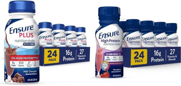 Ensure Plus Nutrition Shake With Fiber & Ensure Max Protein Nutrition Shake with 30g of Protein, 1g of Sugar, High Protein Shake, Milk Chocolate, 11 Fl Oz (Pack of 12), Liquid, Halal