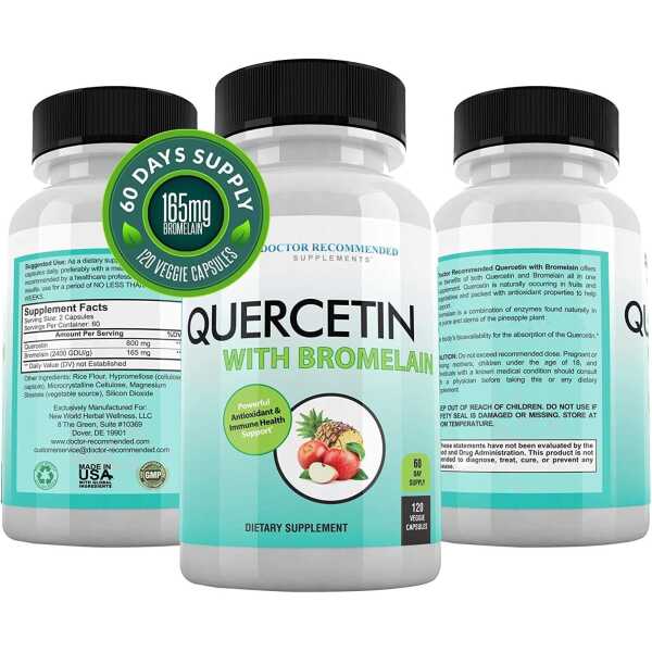 DOCTOR RECOMMENDED SUPPLEMENTS Quercetin 800mg w/Bromelain 165mg Per Serving- 120 Veggie Capsules-Full 60 Day Supply, Vitamin Supplement to Support & Bioflavonoids, Gluten Free, Non-GMO