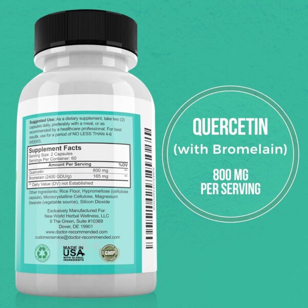 DOCTOR RECOMMENDED SUPPLEMENTS Quercetin 800mg w/Bromelain 165mg Per Serving- 120 Veggie Capsules-Full 60 Day Supply, Vitamin Supplement to Support & Bioflavonoids, Gluten Free, Non-GMO