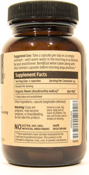 ISHA Organic Neem Supplement — Natural Ayurvedic Herbal Cleanser and Purifier: Boosts Immunity – 90 Vegetarian Capsules, 900 mg Each