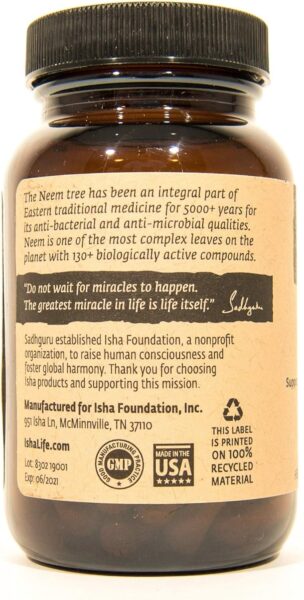 ISHA Organic Neem Supplement — Natural Ayurvedic Herbal Cleanser and Purifier: Boosts Immunity – 90 Vegetarian Capsules, 900 mg Each