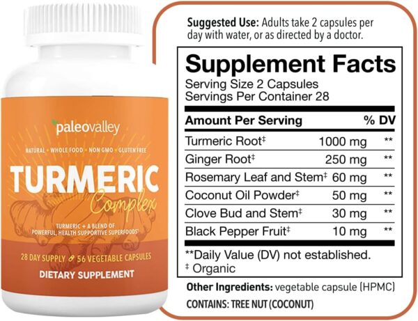 Paleovalley – Organic Turmeric Complex – Full Spectrum Organic Turmeric with Health-Supportive Superfoods – 56 Vegetarian Capsules – Support Joints, Immunity, Brain and Heart Health