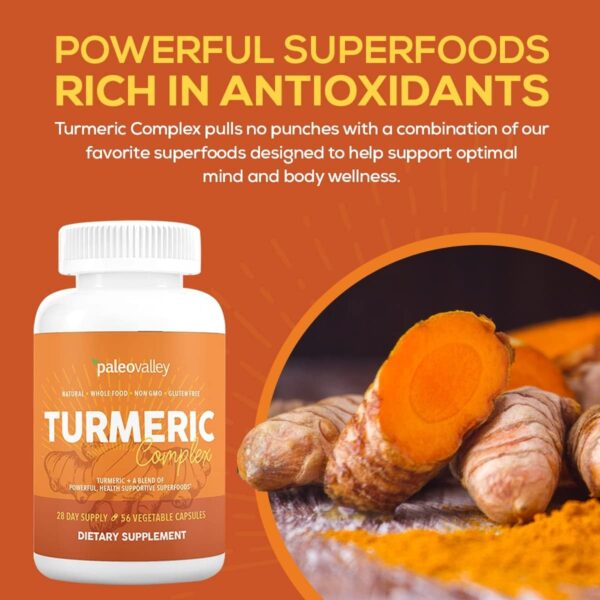 Paleovalley – Organic Turmeric Complex – Full Spectrum Organic Turmeric with Health-Supportive Superfoods – 56 Vegetarian Capsules – Support Joints, Immunity, Brain and Heart Health