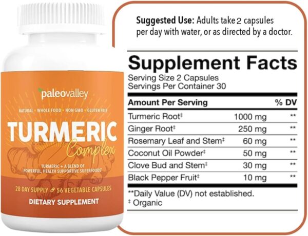 Paleovalley – Organic Turmeric Complex – Full Spectrum Organic Turmeric with Health-Supportive Superfoods – 56 Vegetarian Capsules – Support Joints, Immunity, Brain and Heart Health